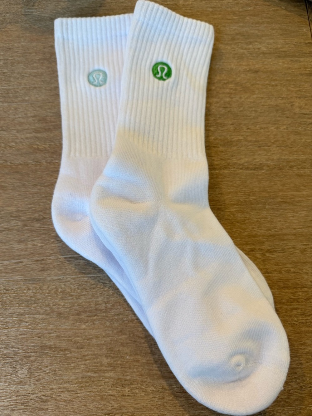 Two Pair lululemon athletica White Crew Socks with Green Logos